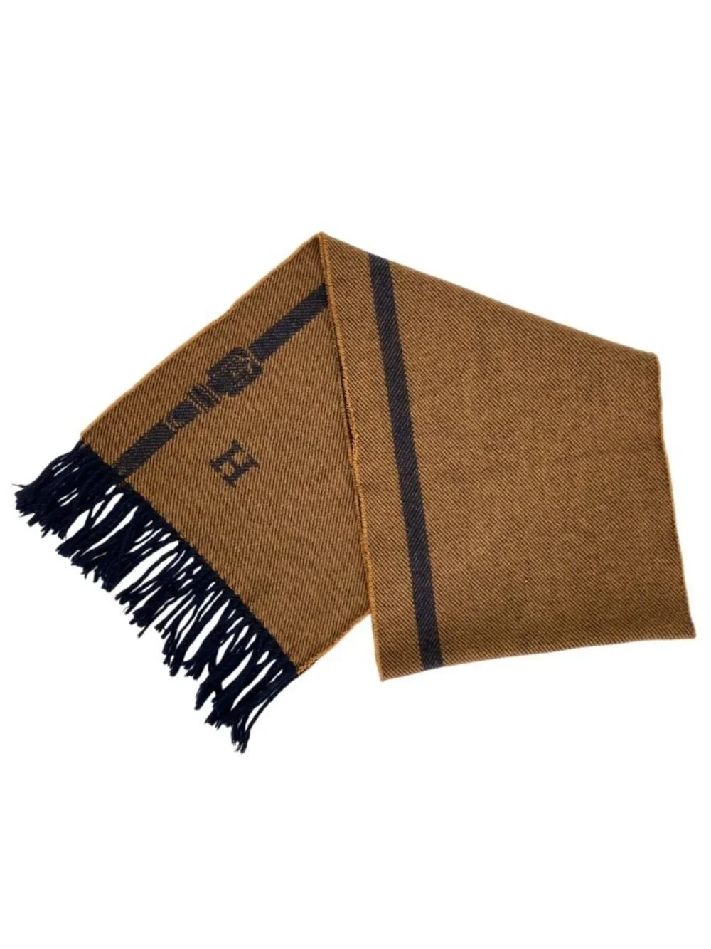 Hermes Vintage Cashmere Wool Reversible Fringe Scarf Navy Beige